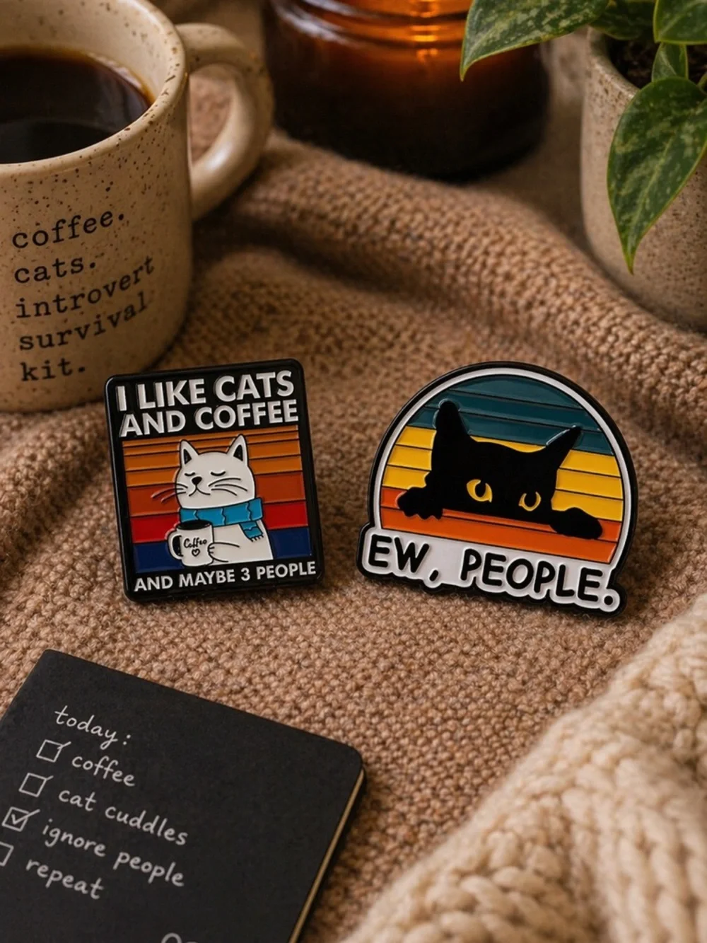 Cat Enamel Pins - 'I Like Cats and Coffee' & 'Ew, People' - Retro Multicolor